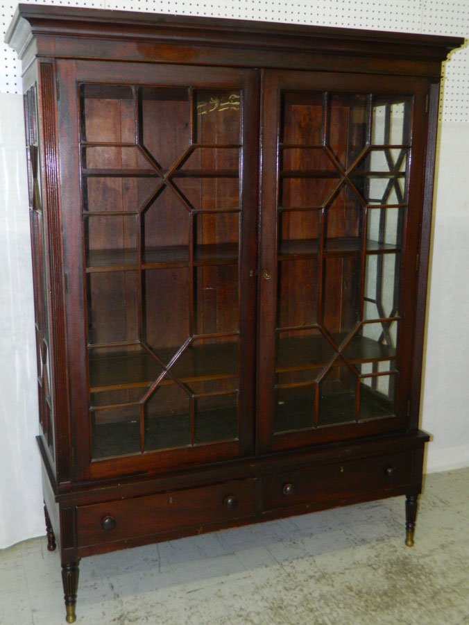 Early Sheraton mahogany china cabinet.: Early Sheraton mahogany china cabinet. 51 1/2" wide x 18" deep x 66 1/4" tall.