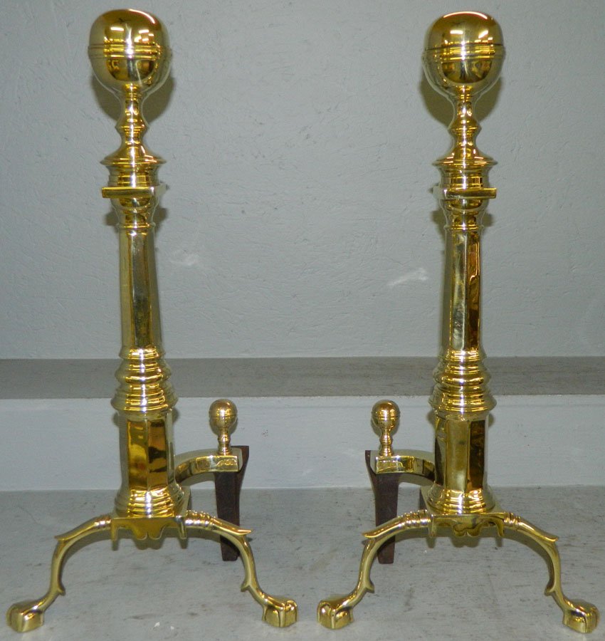 Pair of cannonball claw foot andirons.: Pair of cannonball claw foot andirons. 26 1/2" tall.