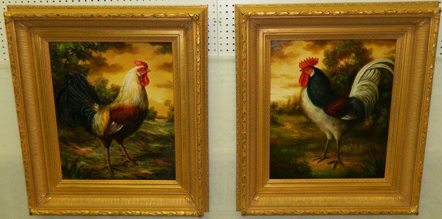2 Oil on canvas' of roosters, signed J. Palmer.: (2) Oil on canvas' of game roosters, signed J. Palmer. 33" x 29".