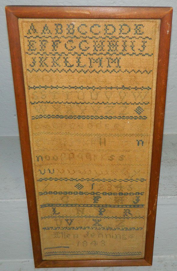 1843 Sampler, signed Ellen Jennings.: 1843 Sampler, signed Ellen Jennings. 9" x 18 1/2".