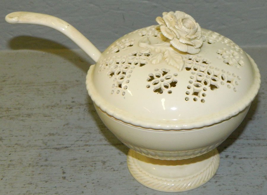 19th Century Creamware reticulated bowl.: 19th Century Creamware reticulated bowl with ladle. 5 1/2" tall.