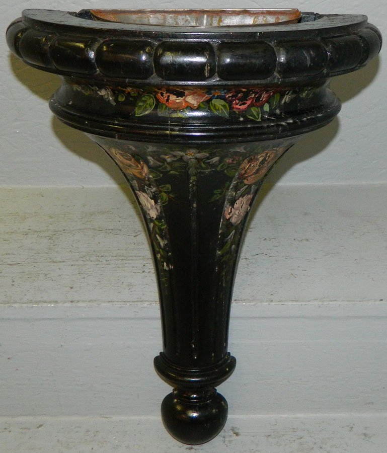 Papier mache decorated corner wall pocket.: Papier mache decorated corner wall pocket with metal liner. 17" tall.