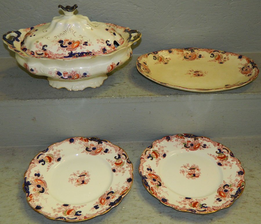 Four pieces of A.J. Wilkinson china: Four pieces of A.J. Wilkinson china including tureen, underplate and (2) plates. Tureen 13 1/2" long x 7 1/2" tall, plates 10" diameter.