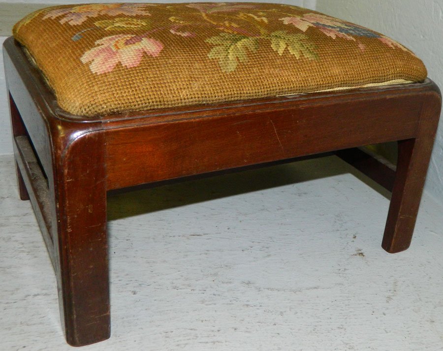 19th C mah jointed stool with needlepoint top.: 19th Century mahogany jointed stool with needlepoint top. 11" x 13 1/2" x 9" tall.