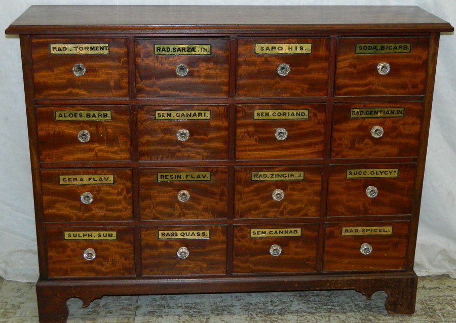 16 dr mahog apothecary chest w original labels.: Sixteen drawer mahogany apothecary chest with original labels. 46 1/4" wide x 12" deep x 35 3/4" tall.