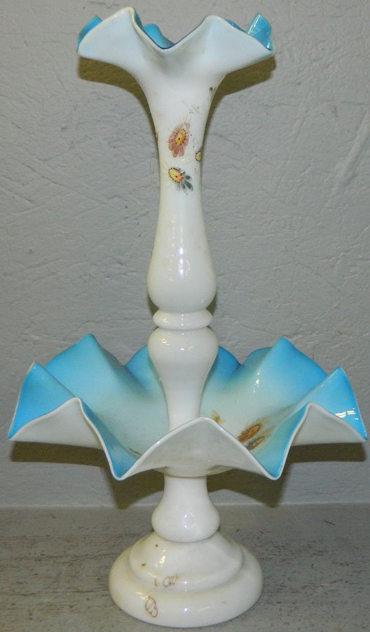 Bristol blue decorated epergne. 18" tall.: Bristol blue decorated epergne. 18" tall.