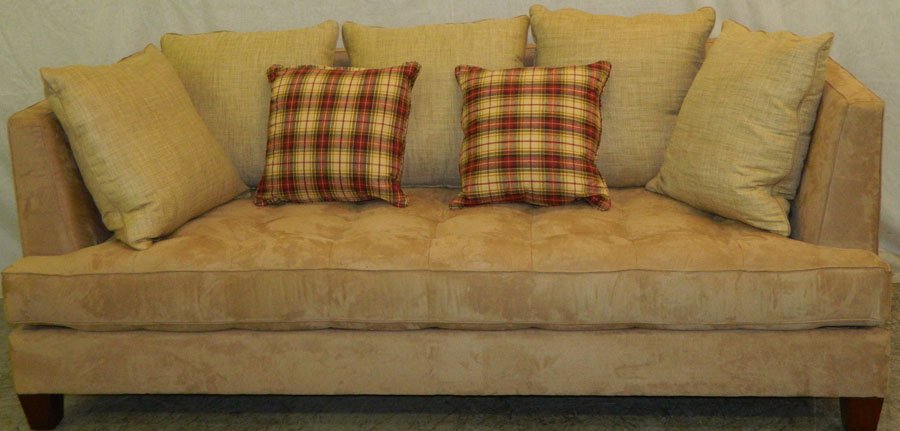 Ralph Lauren suede sofa with matching pillows.: Ralph Lauren suede sofa with matching pillows. 86" long x 32 1/2" tall.