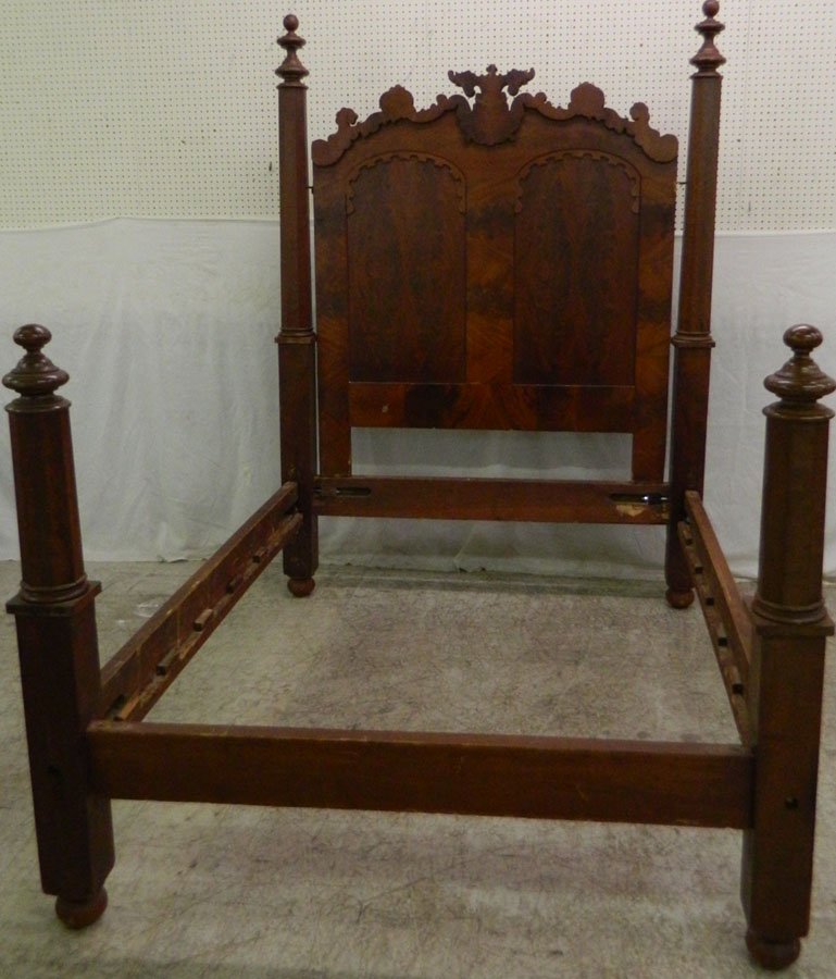 Empire mah swinging headboard bed, circa 1820.: Empire mahogany swinging headboard bed, circa 1820. 62" wide outside rails x 87" tall.