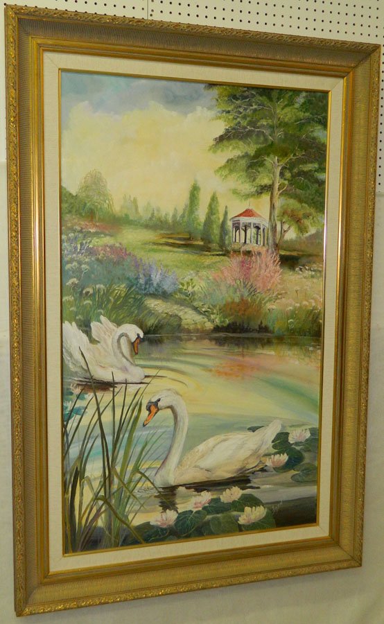 Large oil on canvas of swans, signed Faison 96'.: Large oil on canvas of swans, signed Faison 96'. 60" tall.