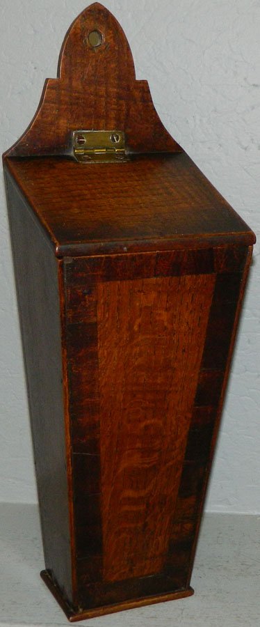 Late 18th - early 19th Century oak candle box.: Late 18th - early 19th Century oak candle box with mahogany banding. 18" tall.