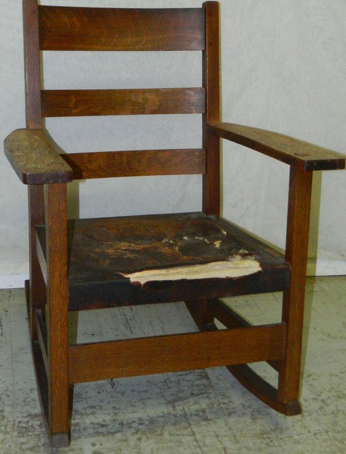 American oak rocker,signature L.& J. G Stickley.: American oak rocker, stamped signature L. & J. G Stickley. 33" tall.