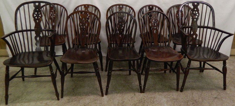 (10) Windsor chairs, includes 2 arms & 6 sides.: (10) Windsor chairs, includes 2 arms and 6 sides. 39 1/2" backs.