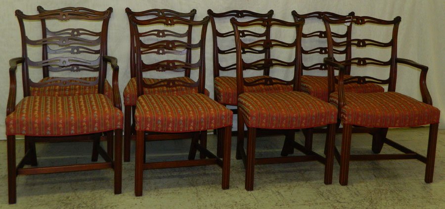Set of 8 Chippendale ladder back dining chairs.: Set of 8 Chippendale ladder back dining chairs. Includes 6 sides and 2 arms. Arm chairs 38" backs, side 37" backs.