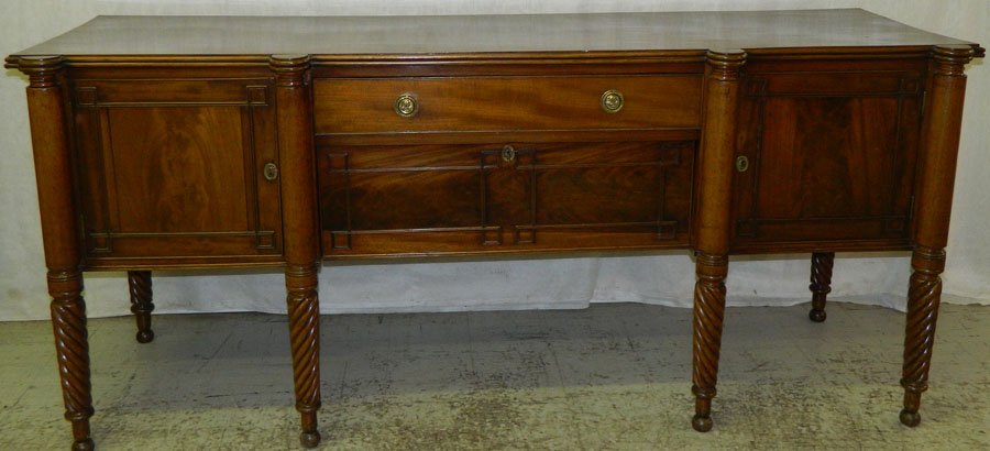 Sheraton mah sideboard with barley twist legs.: Sheraton mahogany sideboard with barley twist legs. 83" wide x 26 1/2" deep x 36 1/4" tall.