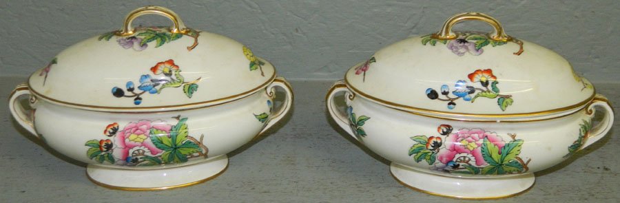 Pair of Minton hand painted sauce bowls.: Pair of Minton hand painted sauce bowls. One as is. 8" long x 5" tall.