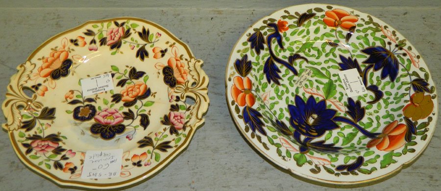 English Ironstone plate and unsigned Derby bowl.: (1) English Ironstone plate and (1) unsigned Derby soup bowl. Plate 9 1/2" diameter, soup bowl 9 3/4" diameter.