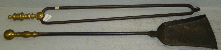 18th Century brass handle tongs and shovel.: 18th Century brass handle tongs and shovel. 28 3/4" long.