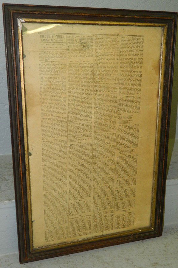 Framed newspaper article - Robert E. Lee.: Framed newspaper article on Robert E. Lee from 1863, "The Daily Citizen". 15" x 22".