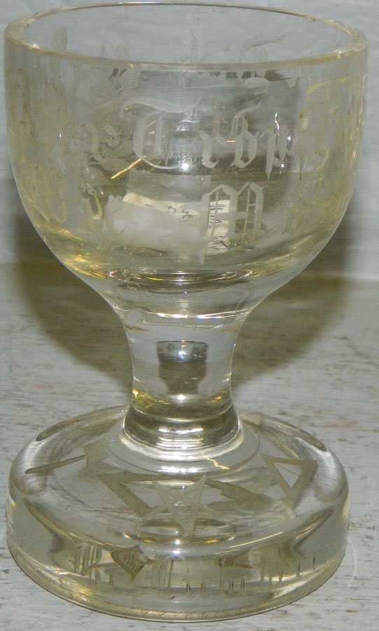 18th C crystal German masonic firing glass.: 18th Century hand blown crystal German masonic firing glass. 4 1/2" tall.