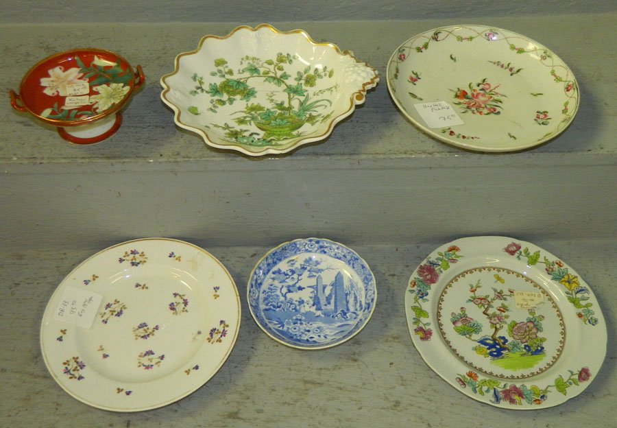 5 early Eng dishes and one Japanese compote.: Five early English dishes and one Japanese Catoni compote. English includes Newhall, Spode, Catoni. Newhall has a hairline. 8" - 9" diameter.