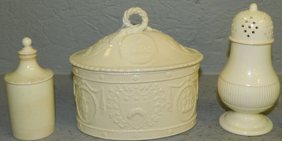 Muffineer, jar w/stopper and Leeds canister.: Creamware muffineer, jar with stopper and Leeds oval covered canister with nautical decoration.