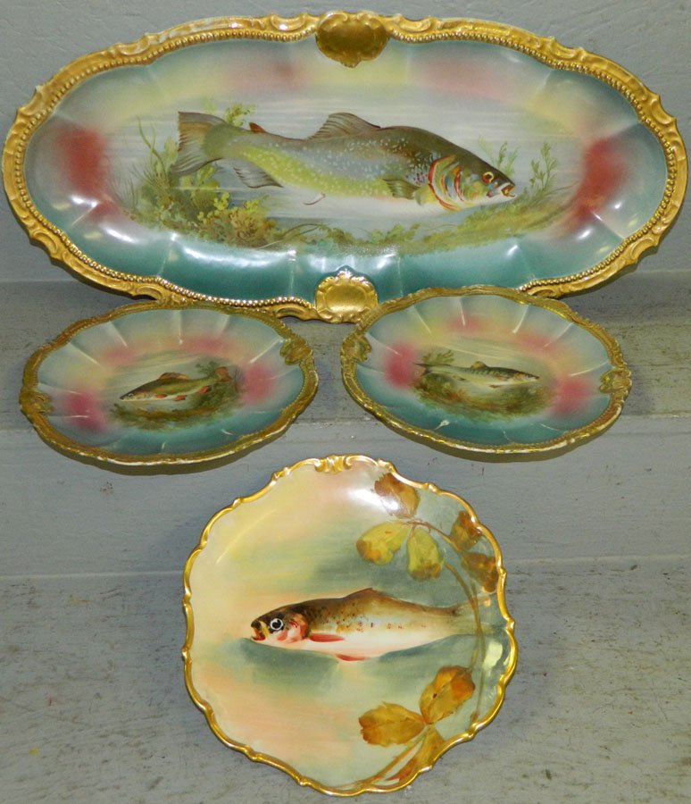 Three piece Bavarian fish set & a Limoges plate.: Three piece Bavarian fish set and a Limoges plate.