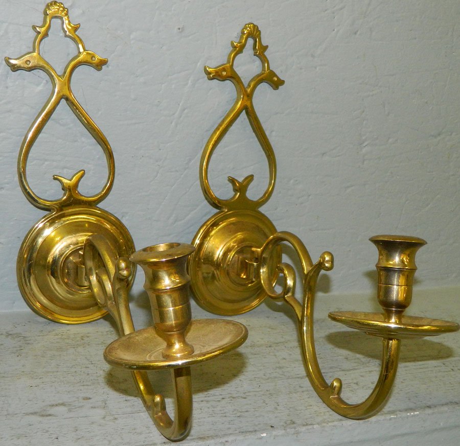 Pair of brass wall sconces, signed WB.: Pair of brass wall sconces, signed WB. Extend 10 1/2" x 10 1/2" tall.