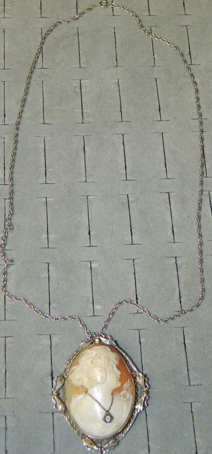 14K white gold cameo on 14K white gold chain.: 14K white gold cameo on 14K white gold chain.