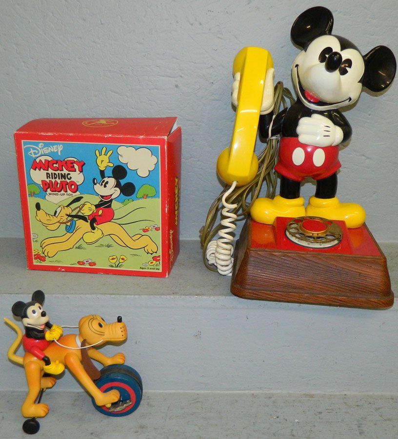 1976 Mickey phone and "Mickey Riding Pluto".: Vintage 1976 Mickey Mouse phone and wind up "Mickey Riding Pluto" reproduction toy.