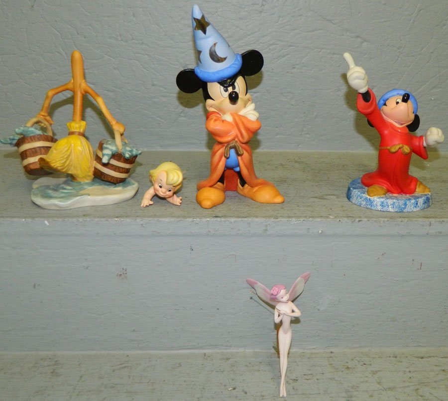 Walt Disney Fantasia figurines.: Walt Disney Fantasia figurines includes "Sorcerer Mickey", "Summoning the Stars", "Bucket Brigade", "Dew Dop Fairy" ornament, "Fancy of Flight" ornament.