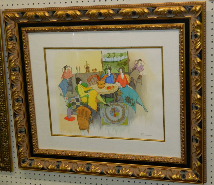 Serigraph "Time To Chat" by Itzchak Tarkay.: Framed serigraph "Time To Chat" by Itzchak Tarkay. 28 1/2" x 33 1/4".