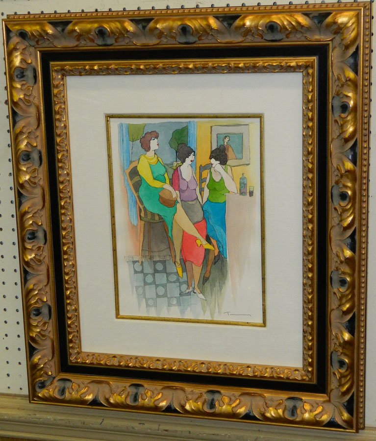 Serigraph "Taking A Break" by Itzchak Tarkay.: Framed serigraph "Taking A Break" by Itzchak Tarkay. 26 3/4" x 23 1/2".
