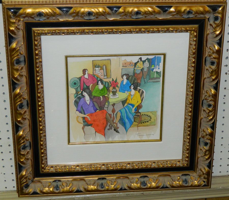 "Bistro Break" by Itzchak Tarkay.: Watercolor and mixed media on wove paper "Bistro Break" by Itzchak Tarkay. 24 1/2" x 24 1/2".