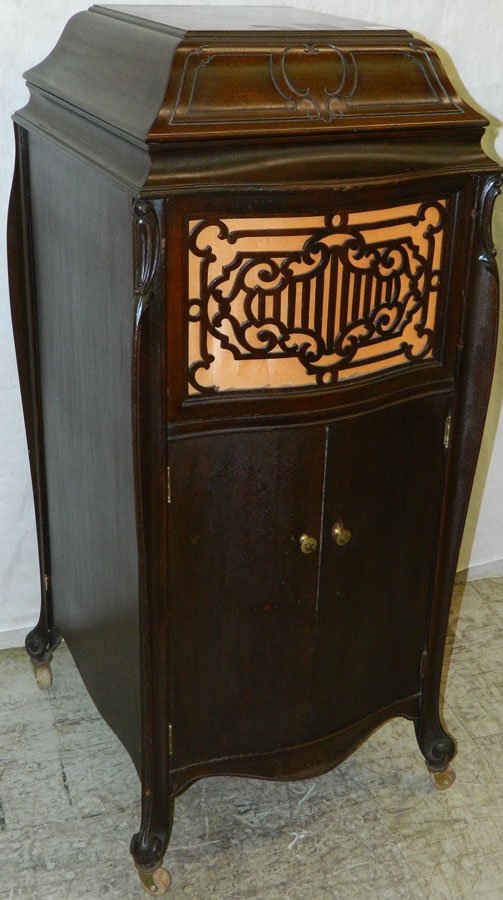 Fischer phonograph. Piano Co.: Fischer phonograph. Piano Co in original mahogany finish with bombe front. 20" x 21" x 47".