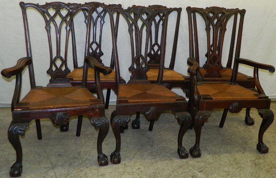 6 mah Philadelphia Robert Morris style chairs.: Set of 6 mahogany Philadelphia Robert Morris style rush bottom chairs. 43" backs.