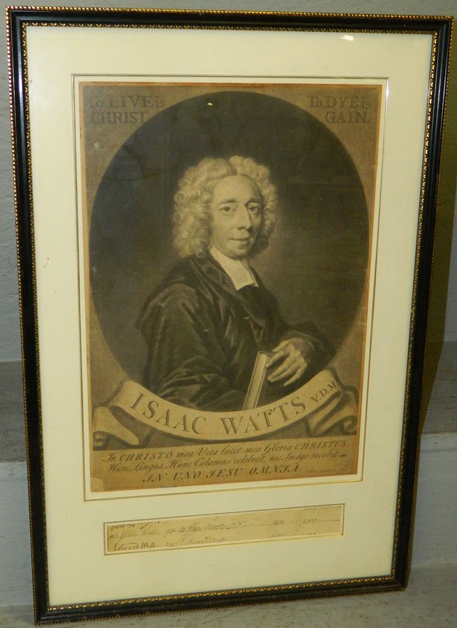 Steel engraving of Issac Watts, dated 1729.: Steel engraving of Issac Watts, dated 1729. 14" x 21".