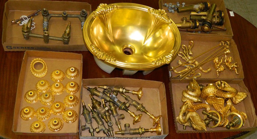 Italian gold wash sink with bathroom fixtures.: Italian gold wash sink with bathroom fixtures, Sherle. Sink 19" x 15 1/2".