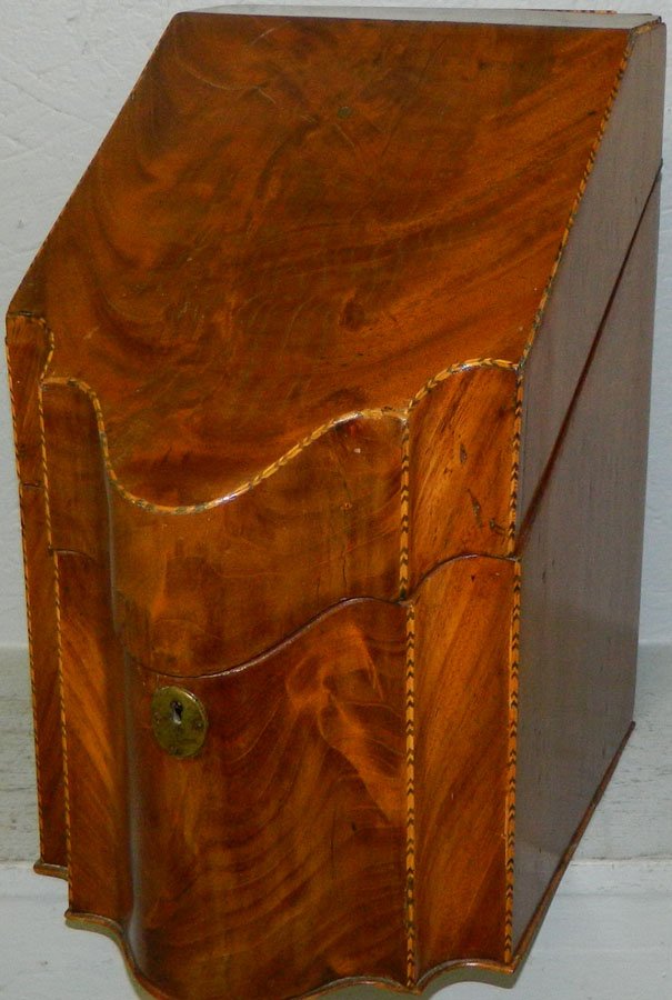 19th Century crotch mahogany inlaid knife box.: 19th Century crotch mahogany inlaid knife box with no fittings. 11 1/2" x 14 3/4" tall.