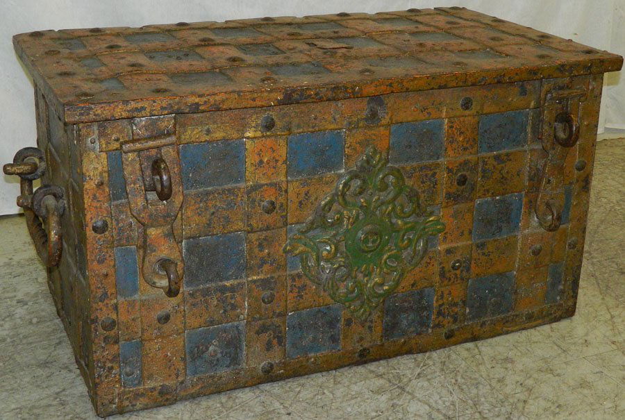 Early sea captain's treasure chest.: Early sea captain's treasure chest. In excess of 500 lbs. Appears someone has tried to get into the trunk through the bottom. 43" wide x 23 1/2" deep x 23" tall.