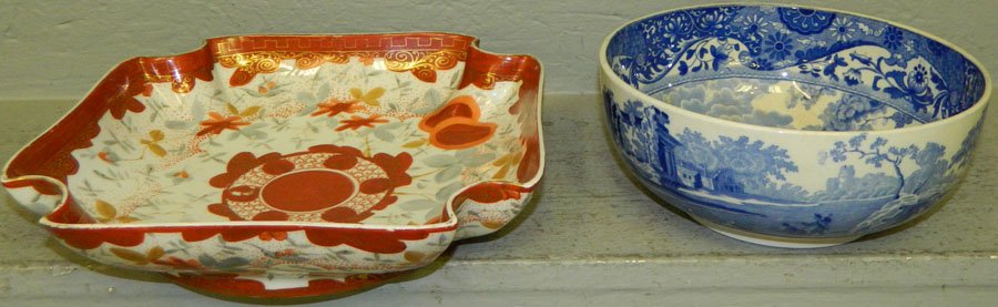 Spode bowl and a Japanese Kutani bowl.: Blue and white Spode bowl and a Japanese Kutani bowl. Spode 8" diameter x 3 1/2" tall, Kutani bowl 10 1/4" square.