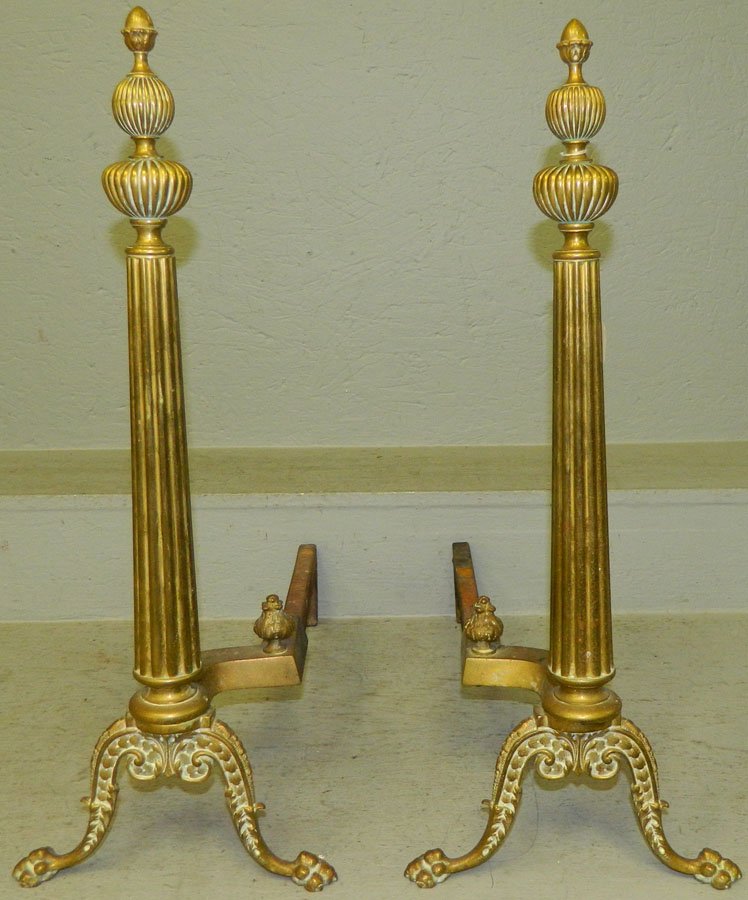 Pair of early brass andirons. 23 1/2" tall.: Pair of early brass andirons. 23 1/2" tall.