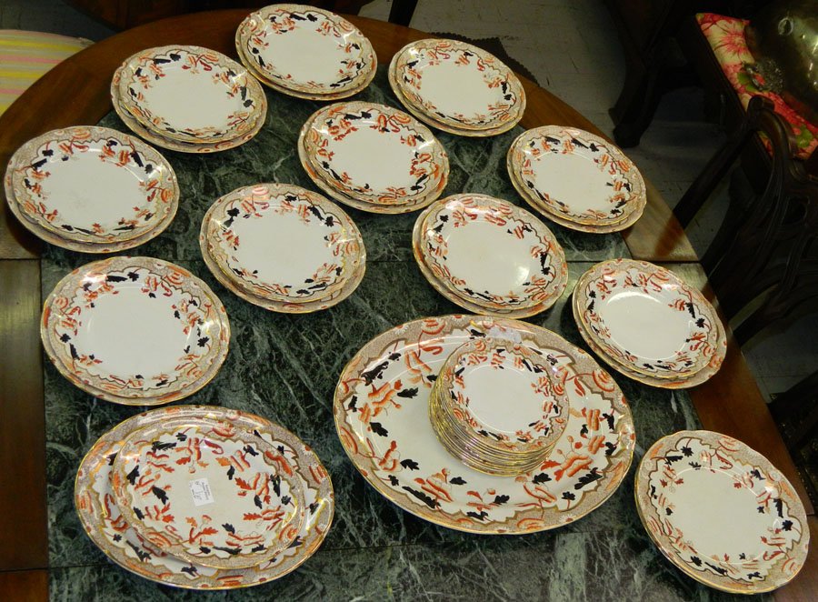 (37) Pieces of unsigned English Ironstone china.: (37) Pieces of unsigned English Ironstone china. Platter 18 1/2" x 15", breakfast plate 7 1/2" diameter.