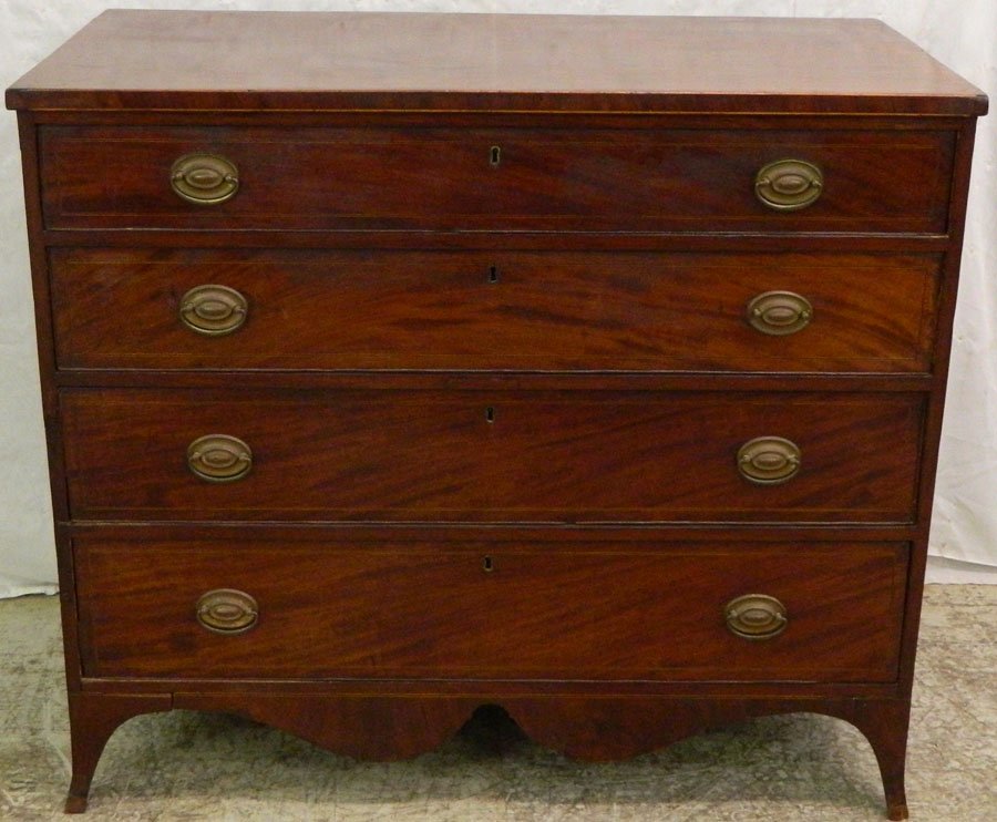 English HW four drawer mah chest with inlay.: English Hepplewhite four drawer mahogany chest with inlay. 44 1/4" wide x 21" deep x 39" tall.