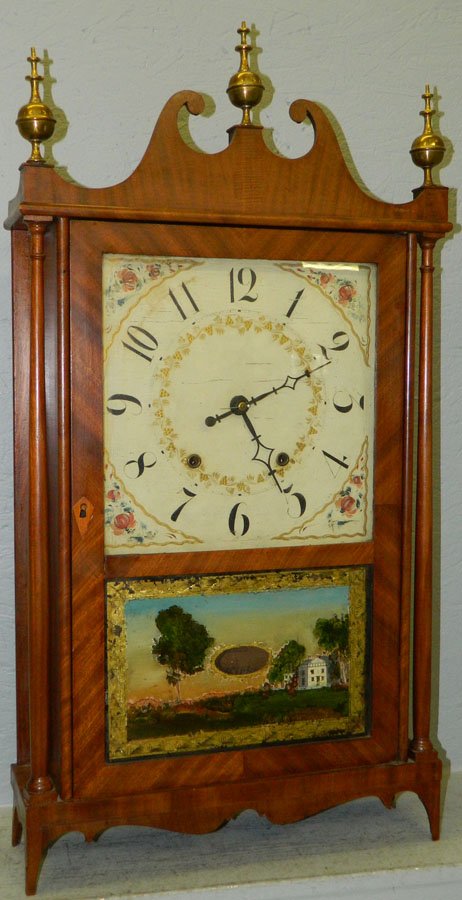 Pillar and scroll clock with original glass.: Pillar and scroll clock with original glass and finials by Charles Kirke for George Mitchell. 16 3/4" wide x 31 1/2" tall.