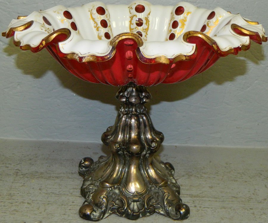 Late 1800 - early 1900 Bohemian compote.: Late 1800 - early 1900 Bohemian compote with silver on copper base. 11" diameter x 9" tall.