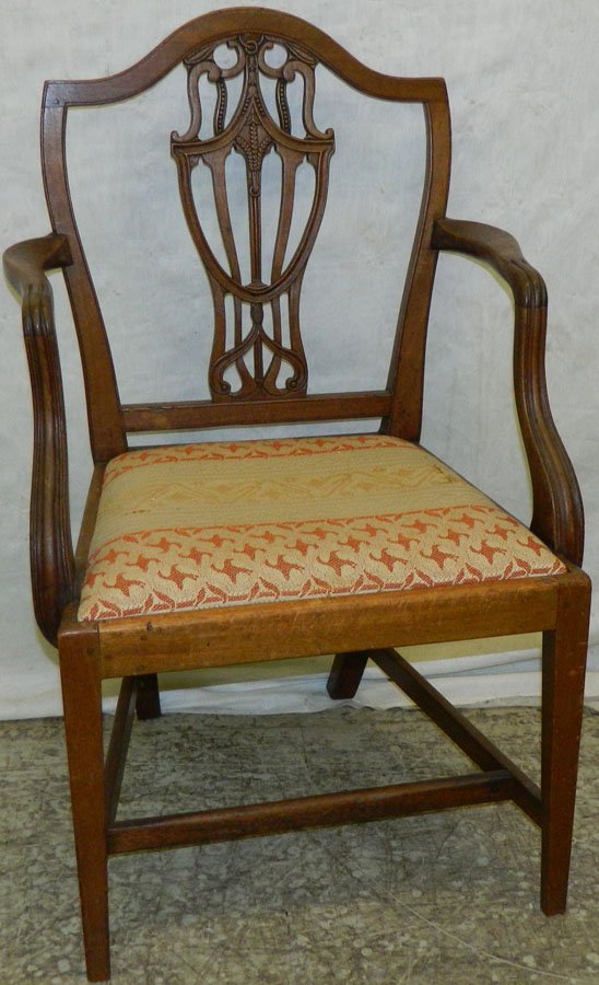 Hepplewhite mahogany arm chair, circa 1800.: Hepplewhite mahogany arm chair, circa 1800. 37" back.