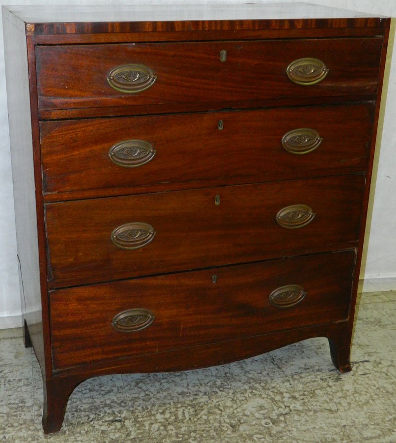 19th C Hepplewhite style bachelor's chest.: 19th Century Hepplewhite style four drawer bachelor's chest. 31 3/4" wide x 16" deep x 36 1/2" tall.