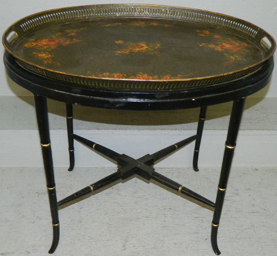 Tole tray on faux bamboo turn legs.: Tole tray on faux bamboo turn legs. 24" x 18 1/2" x 21 3/4".