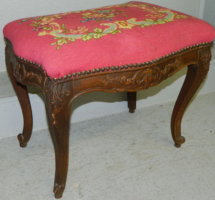 French fruitwood stool with needlepoint cover.: French fruitwood stool with needlepoint cover. 19" wide x 13" deep x 17" tall.