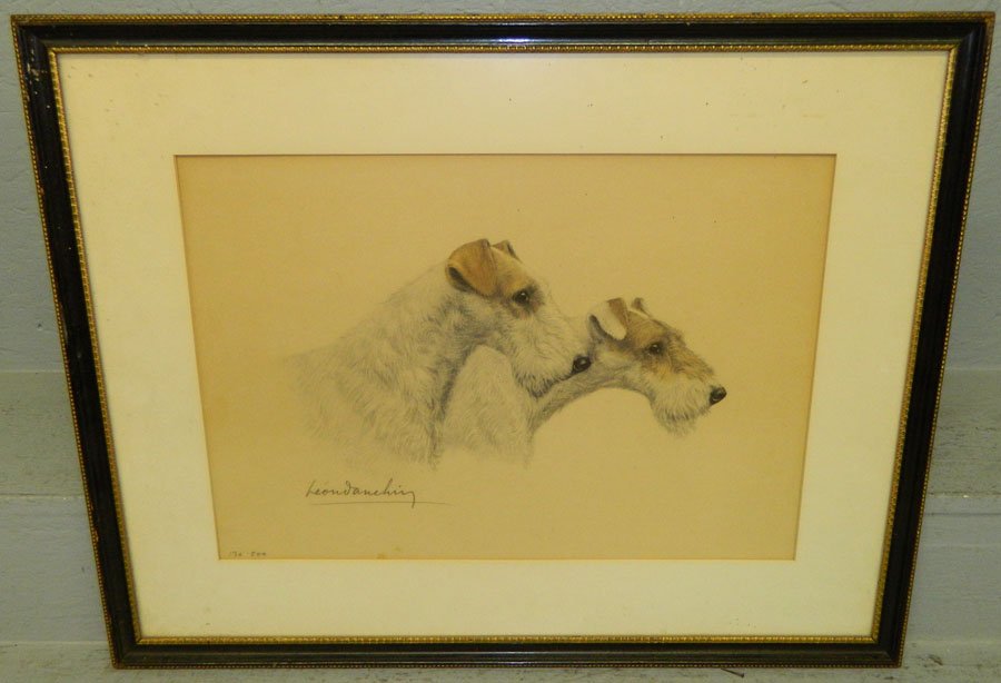 Charcoal of fox terriers, signed Leon Danching.: Charcoal of fox terriers, signed Leon Danching and numbered 130 out of 500. 20 1/2" x 26".